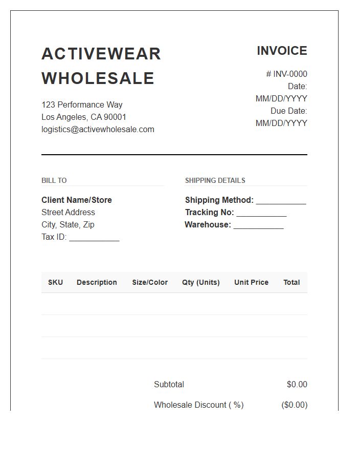 Activewear Supplier Wholesale Invoice Template