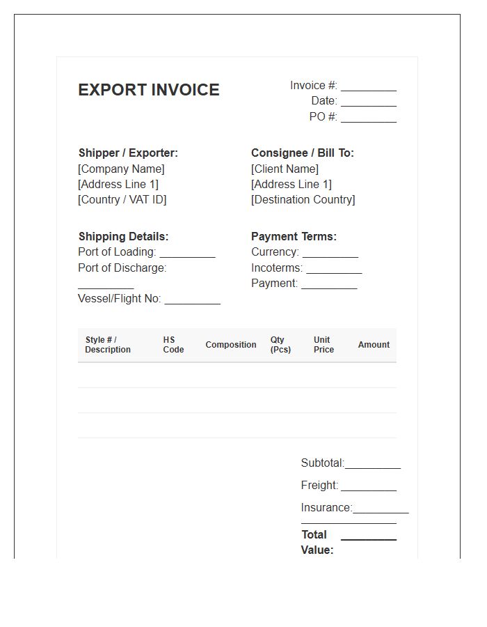 Apparel Export Wholesale Invoice Template