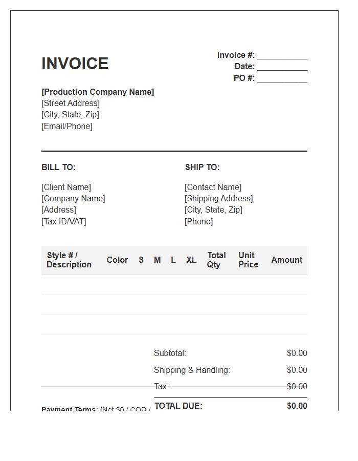 Apparel Production Wholesale Invoice Template