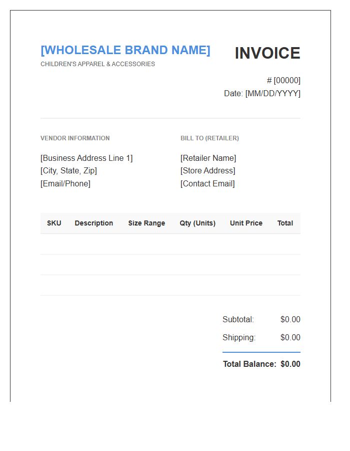 Childrens Apparel Wholesale Invoice Template