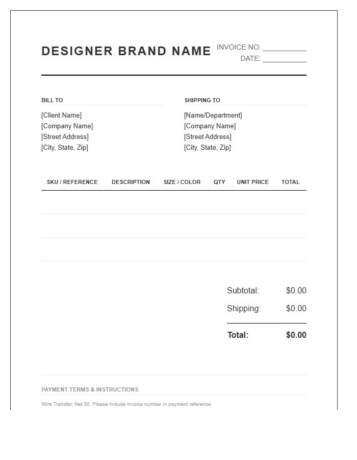 Designer Brand Wholesale Invoice Template