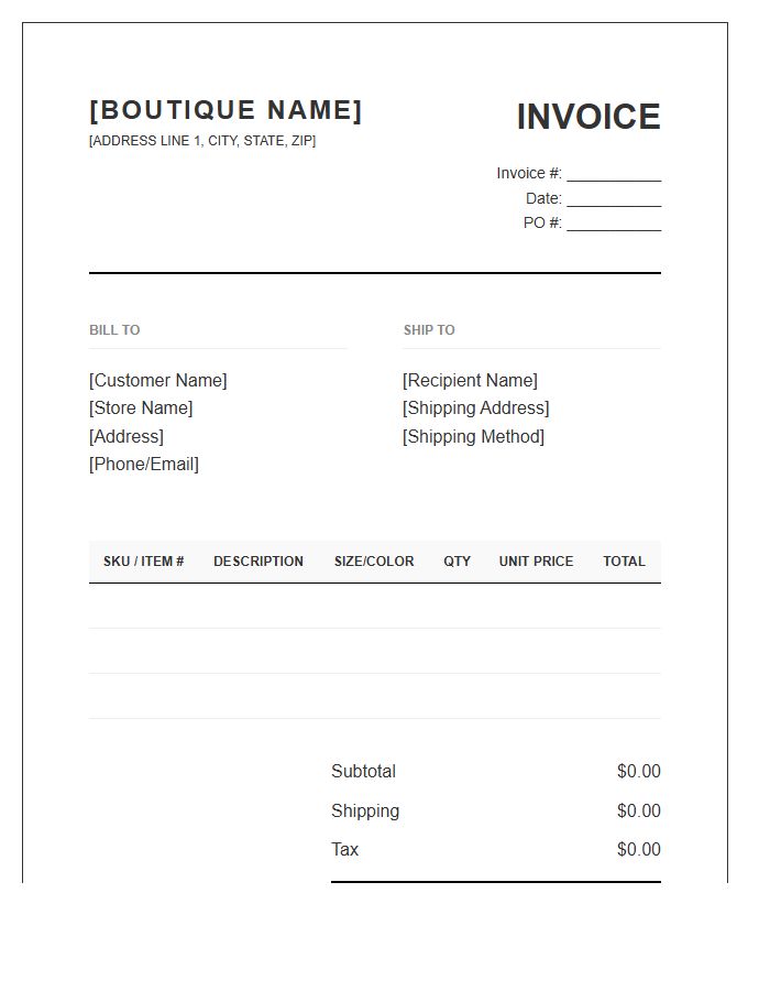 Fashion Boutique Wholesale Invoice Template