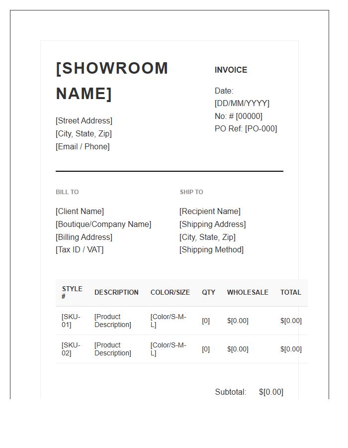 Fashion Showroom Wholesale Invoice Template