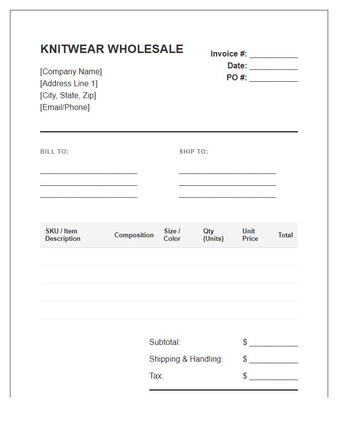 Knitwear Wholesale Invoice Template