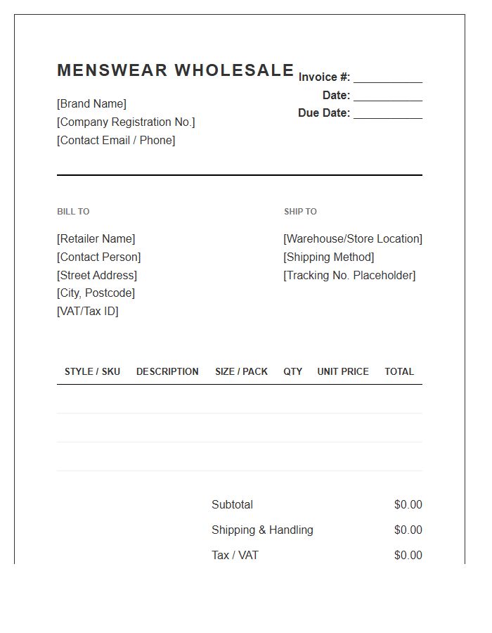 Menswear Wholesale Invoice Template