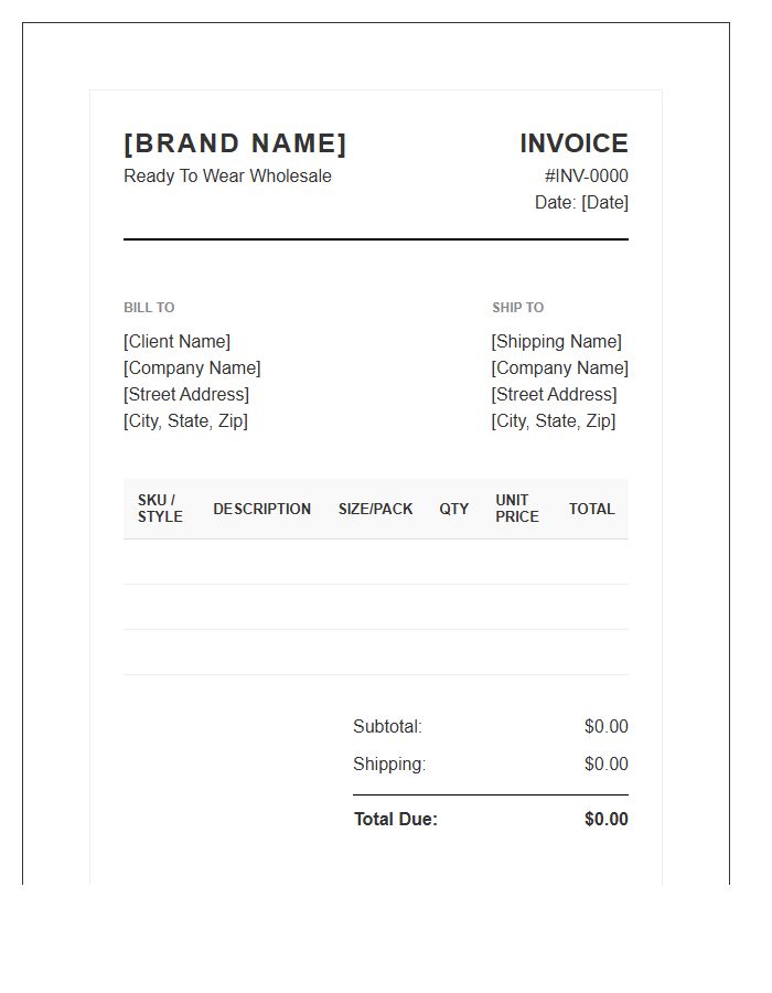 Ready To Wear Wholesale Invoice Template