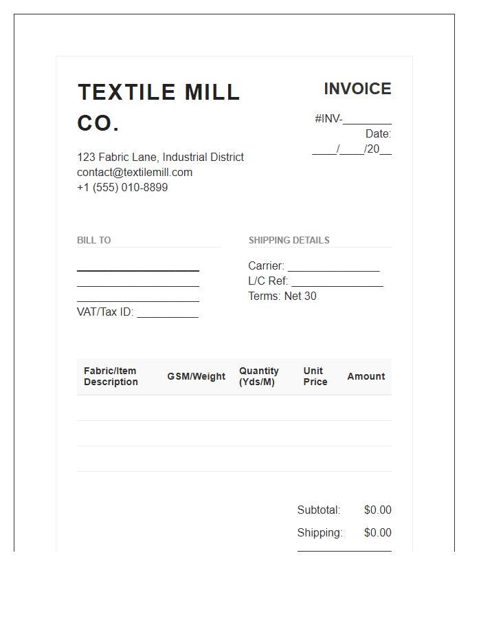 Textile Manufacturer Wholesale Invoice Template