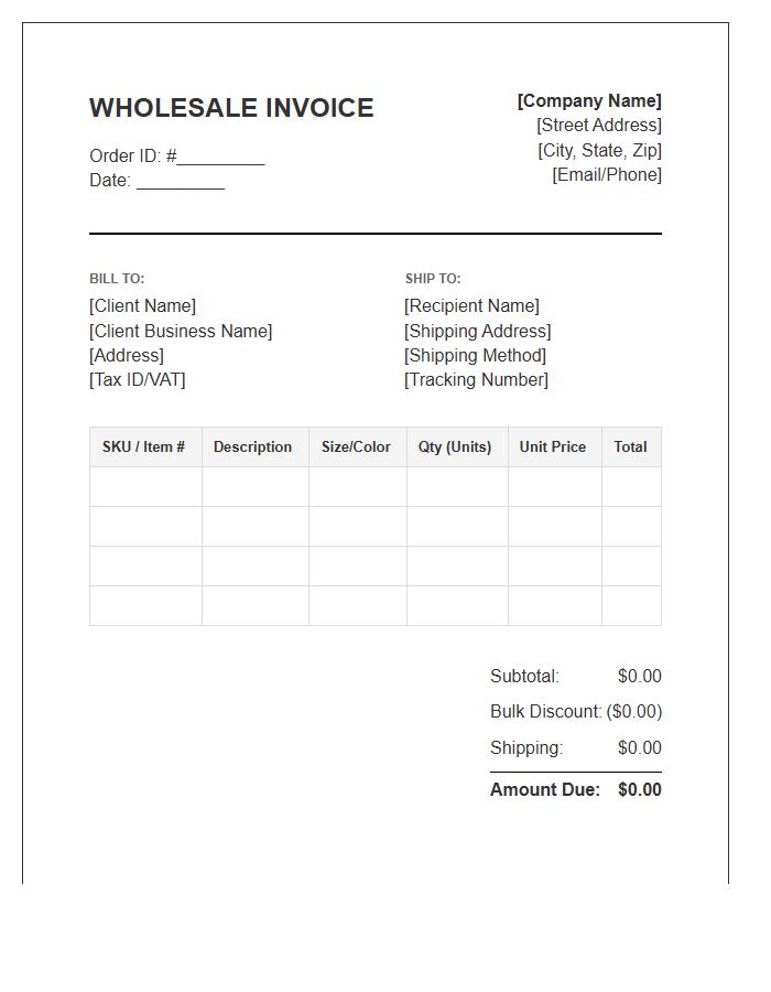 Volume Clothing Order Wholesale Invoice Template