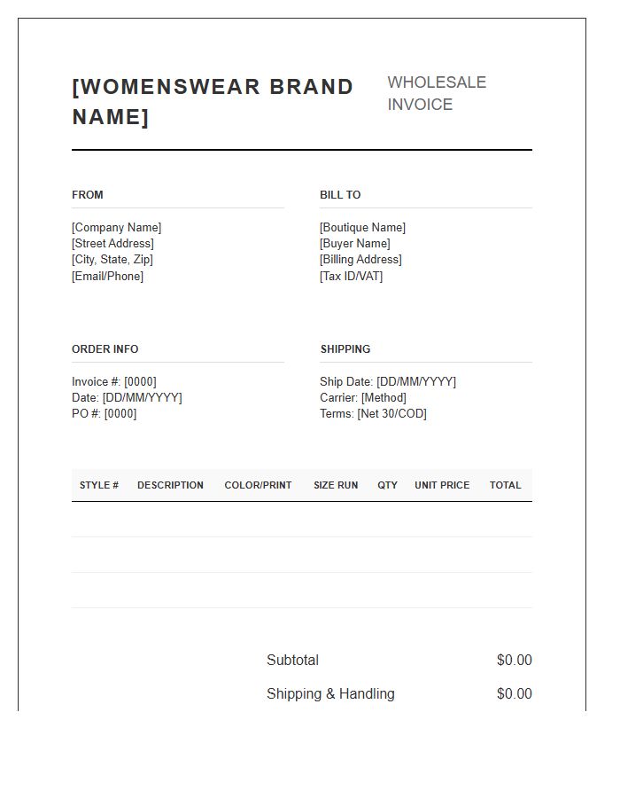 Womenswear Wholesale Invoice Template