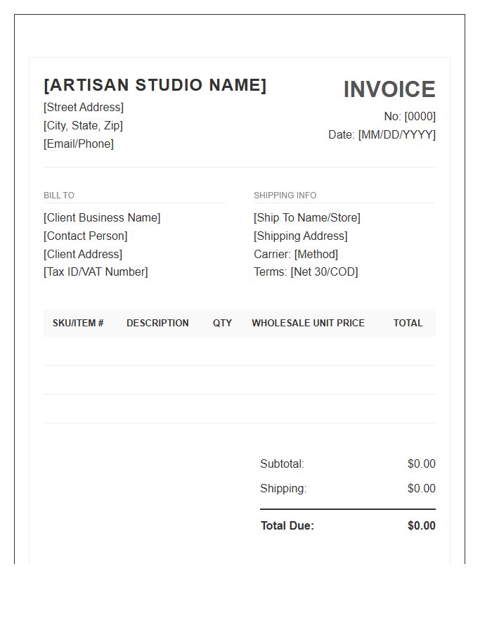 Artisan Jewelry Wholesale Invoice Template
