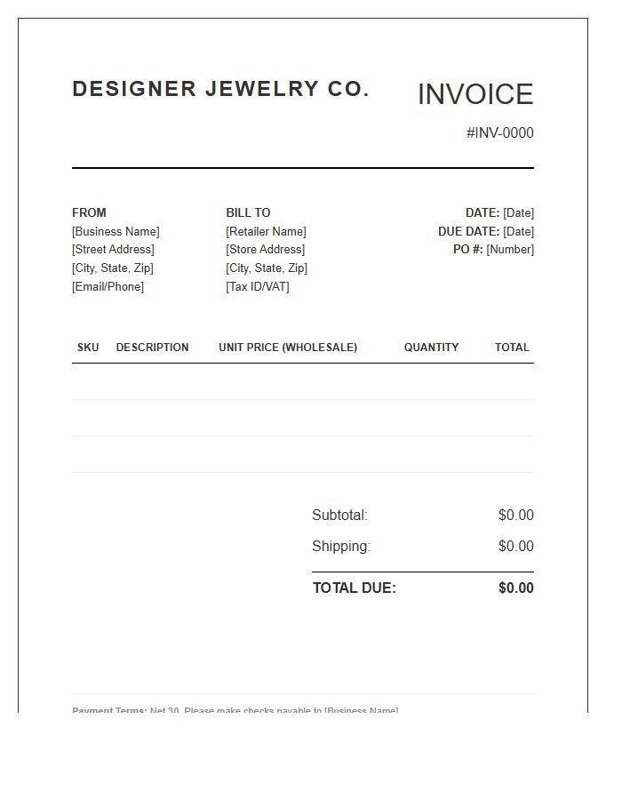 Designer Jewelry Wholesale Invoice Template