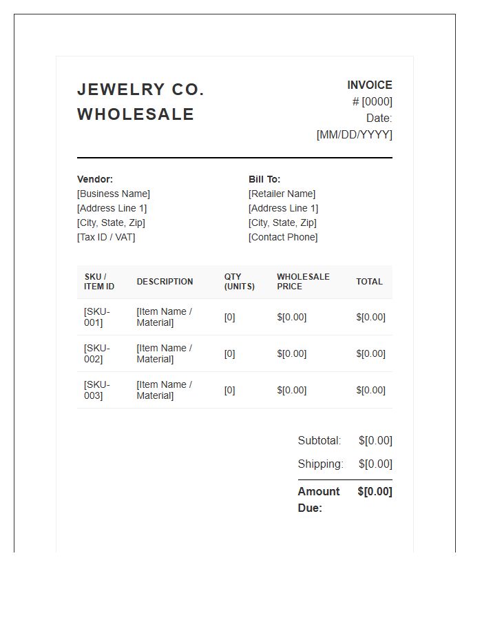 Fashion Jewelry Wholesale Invoice Template