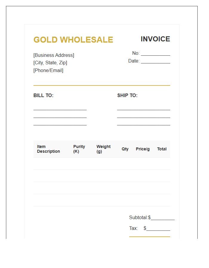 Gold Jewelry Wholesale Invoice Template