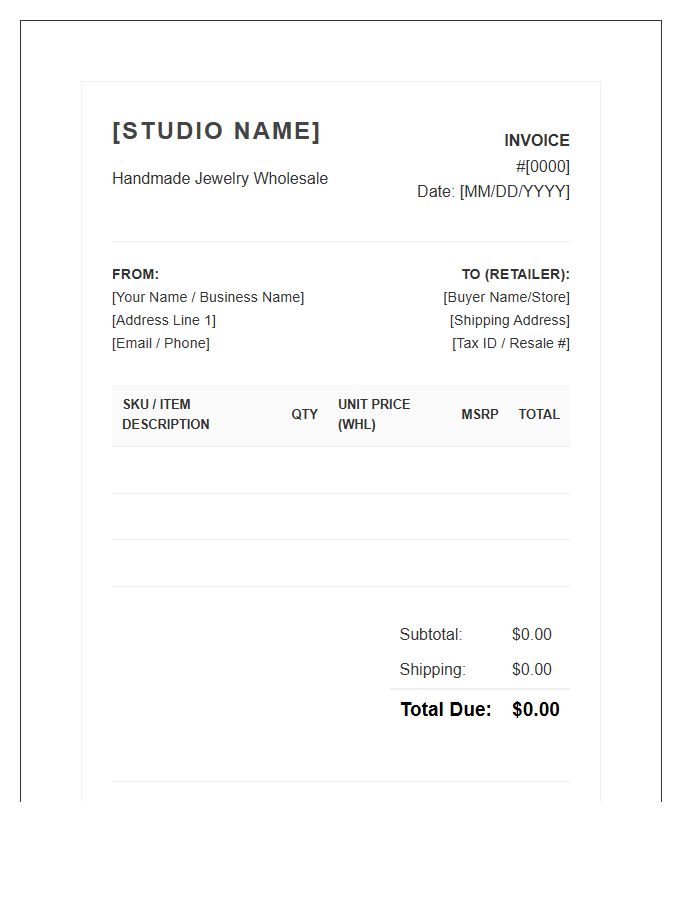Handmade Jewelry Wholesale Invoice Template