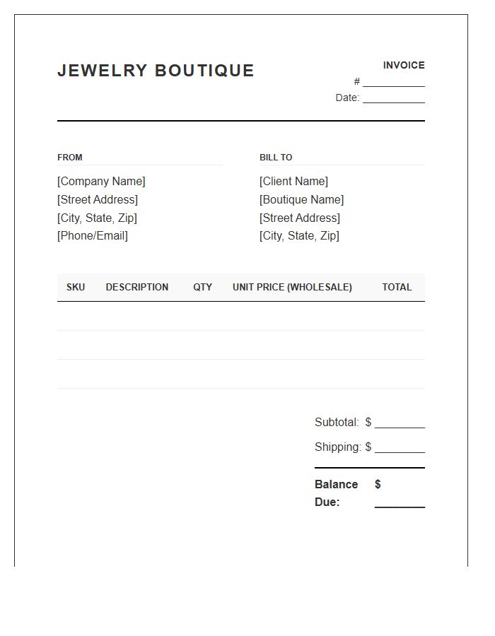 Jewelry Boutique Wholesale Invoice Template