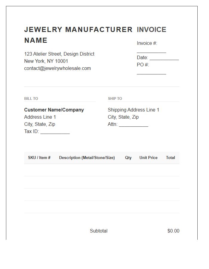 Jewelry Manufacturer Wholesale Invoice Template