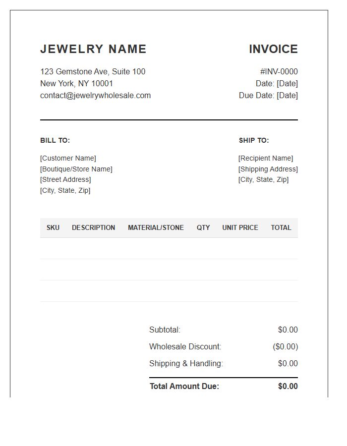 Jewelry Supplier Wholesale Invoice Template