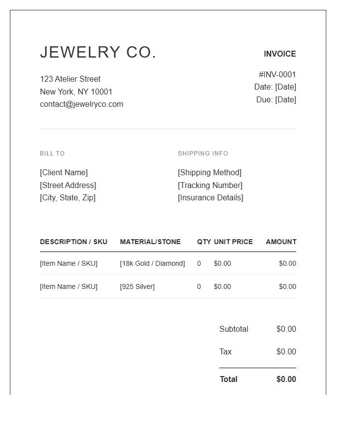 Jewelry Vendor Invoice Template