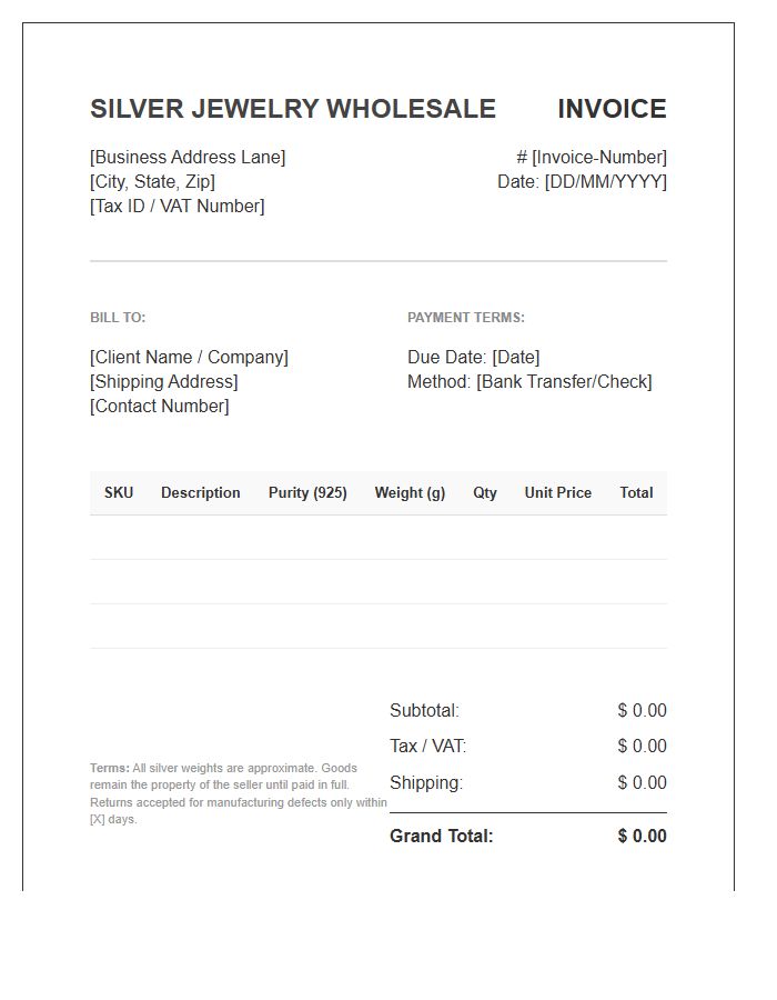 Silver Jewelry Wholesale Invoice Template