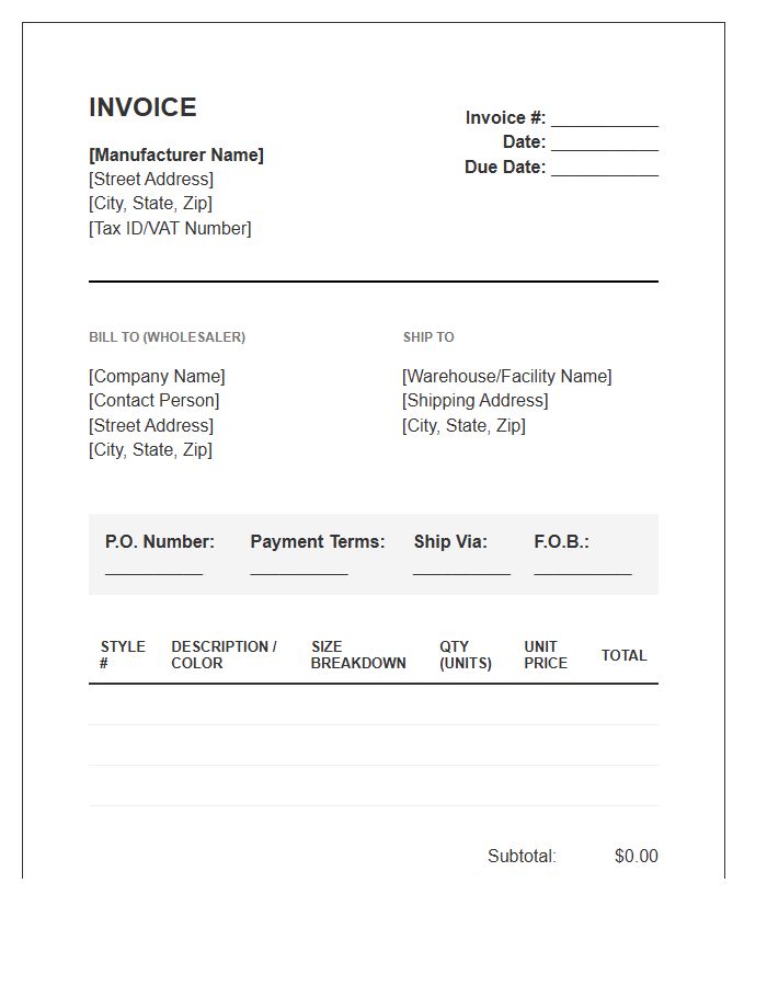 Apparel Production Manufacturer To Wholesaler Invoice Template