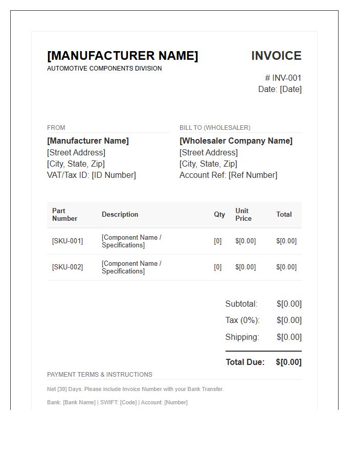 Automotive Component Manufacturer To Wholesaler Invoice Template
