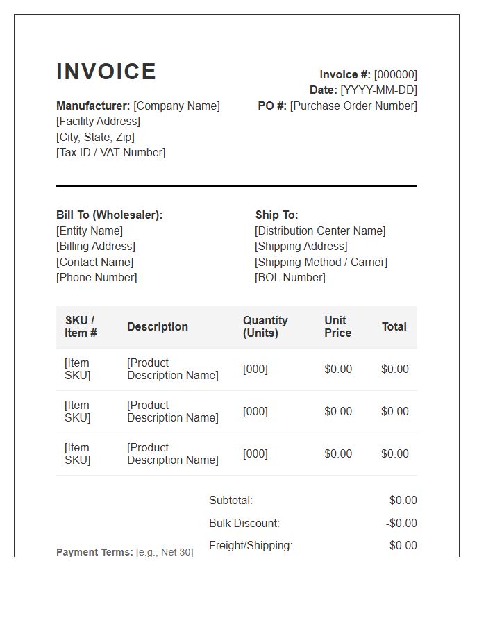 Bulk Shipment Manufacturer To Wholesaler Invoice Template