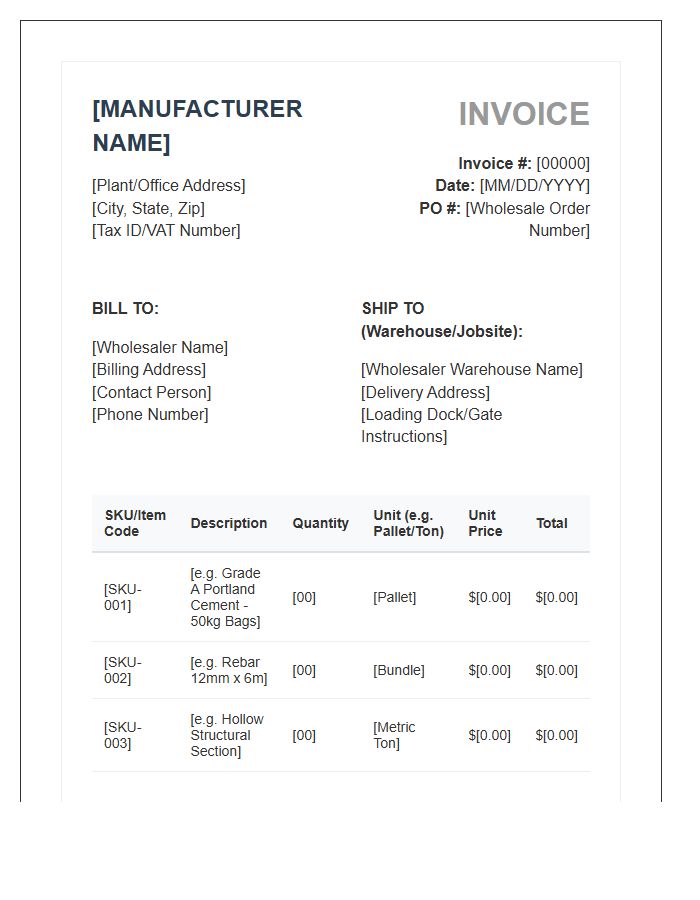 Construction Materials Manufacturer To Wholesaler Invoice Template