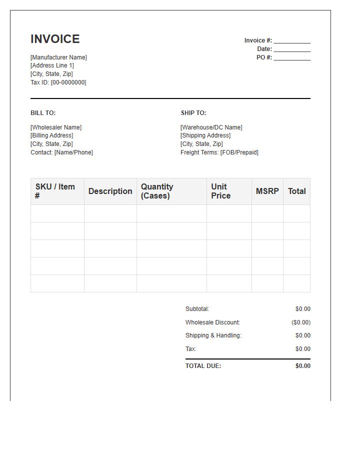 Consumer Goods Manufacturer To Wholesaler Invoice Template