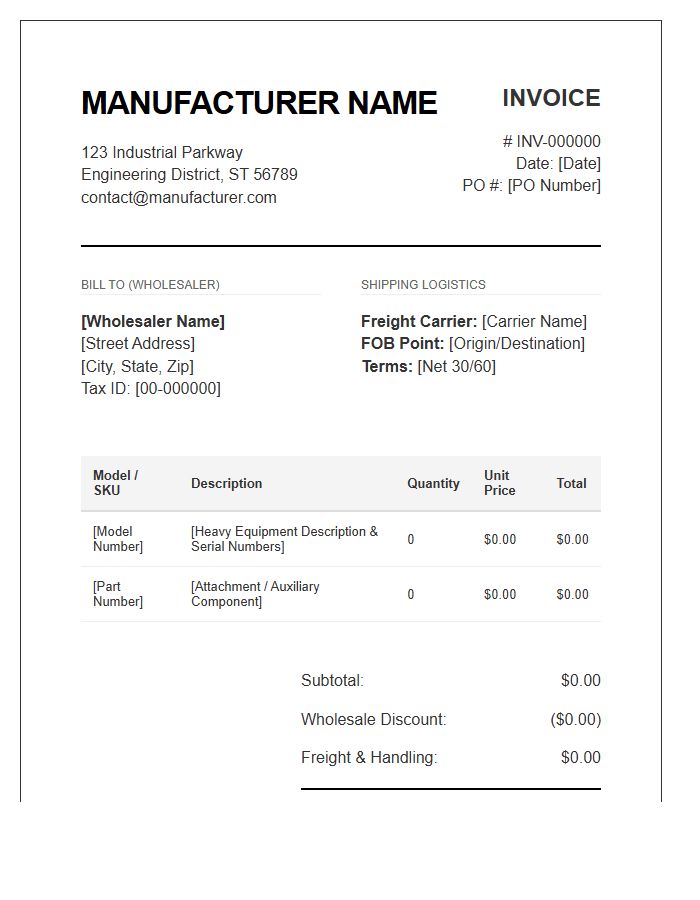 Heavy Equipment Manufacturer To Wholesaler Invoice Template