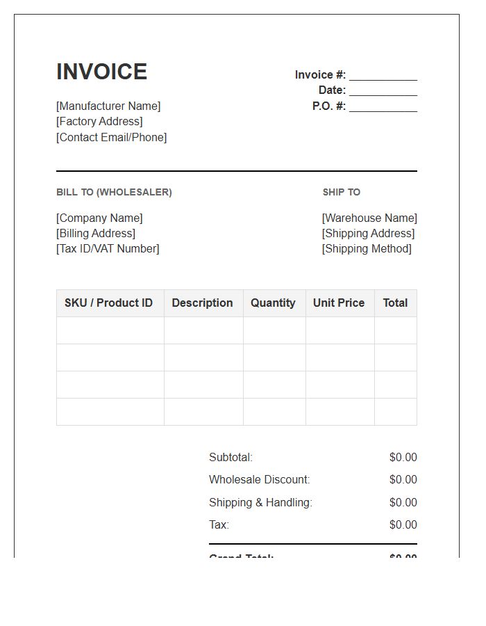 Manufacturer To Wholesaler Product Supply Invoice Template