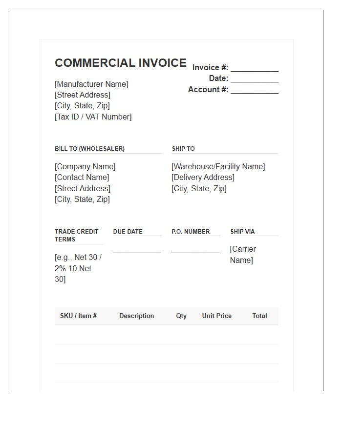 Manufacturer Trade Credit Wholesaler Invoice Template