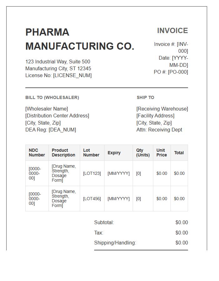 Pharmaceutical Manufacturer To Wholesaler Invoice Template