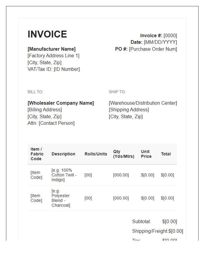 Textile Manufacturer To Wholesaler Invoice Template