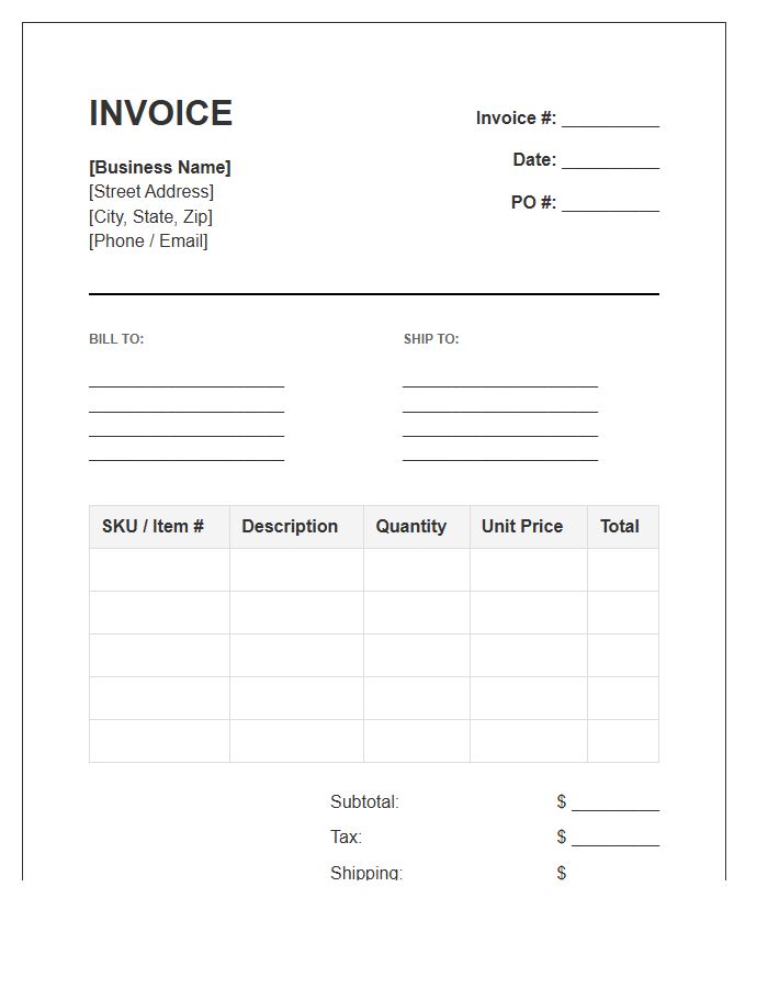 Business Wholesale Order Shipping Invoice Template