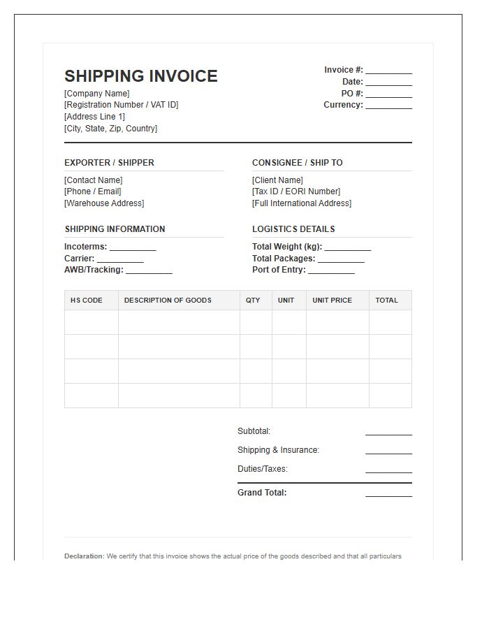 International Wholesale Distribution Shipping Invoice Template