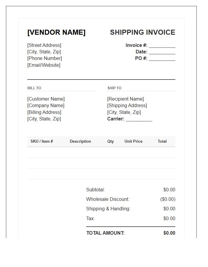 Professional Wholesale Vendor Shipping Invoice Template