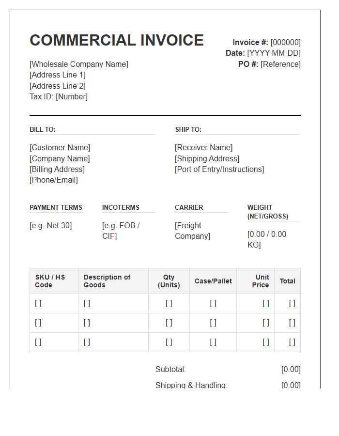 Wholesale Bulk Trade Shipping Invoice Template