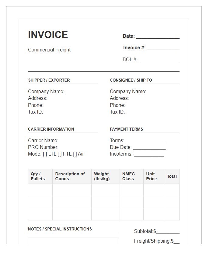 Wholesale Commercial Freight Shipping Invoice Template