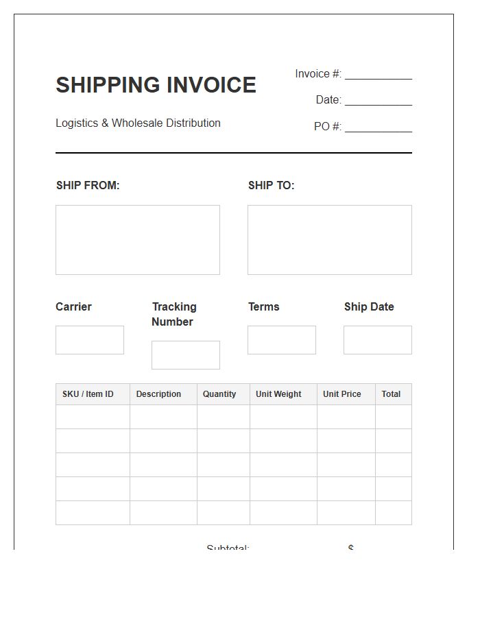 Wholesale Inventory Logistics Shipping Invoice Template