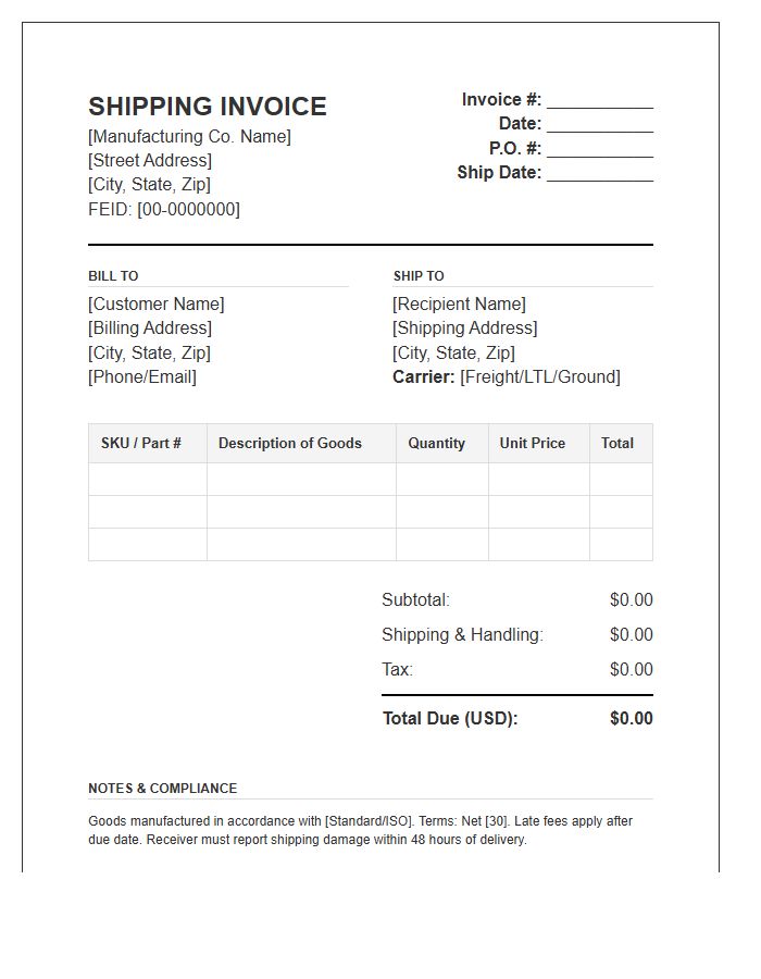 Wholesale Manufacturing Supply Shipping Invoice Template