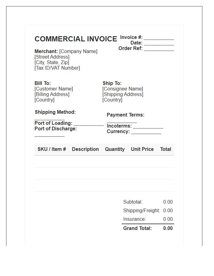 Wholesale Merchant Trade Shipping Invoice Template