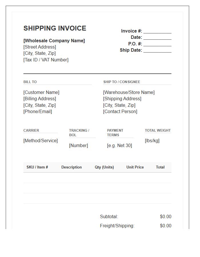 Wholesale Supply Chain Shipping Invoice Template