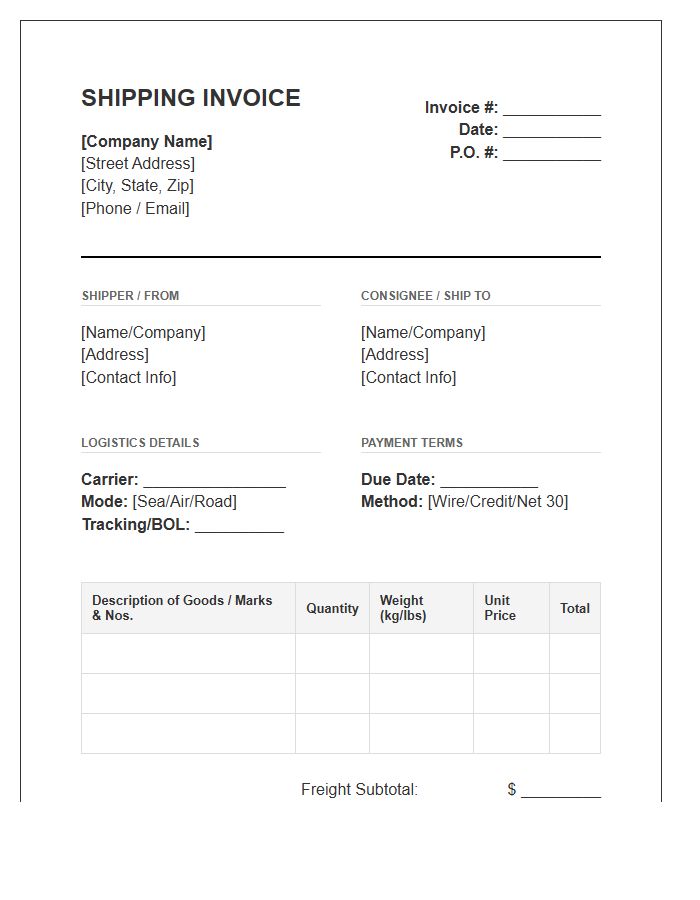 Wholesale Transport Logistics Shipping Invoice Template
