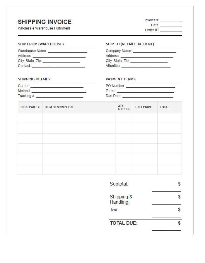 Wholesale Warehouse Fulfillment Shipping Invoice Template