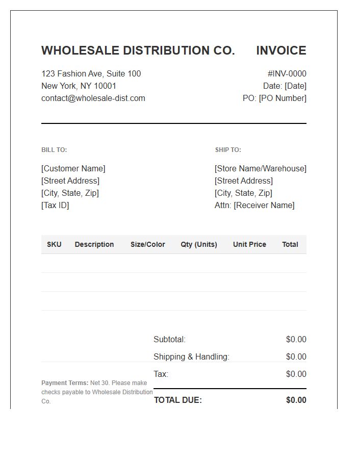 Clothing Wholesale Distribution Invoice Template
