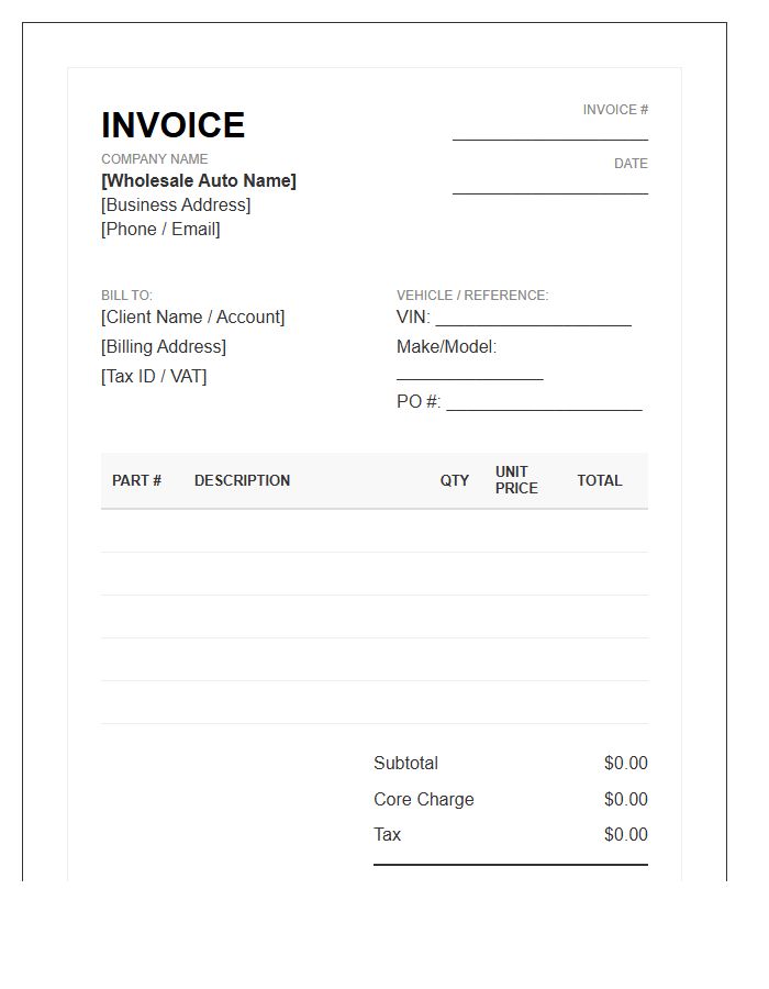 Wholesale Automotive Parts Invoice Template