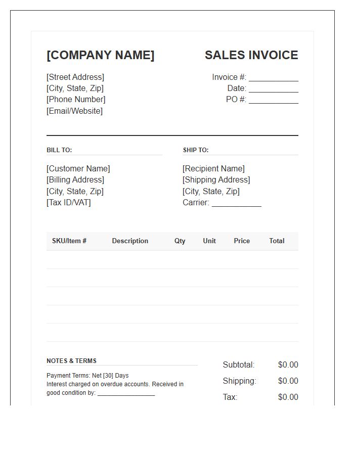 Wholesale Distribution Sales Invoice Template