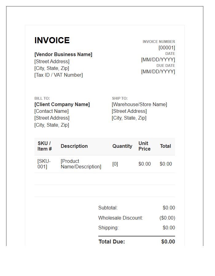 Wholesale Vendor Billing Invoice Template