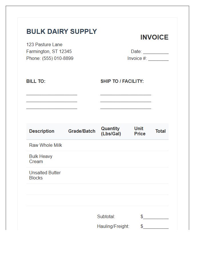 Bulk Dairy Supply Invoice Template