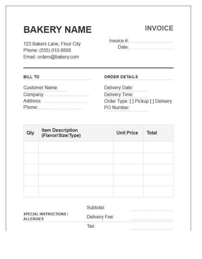Commercial Bakery Order Invoice Template